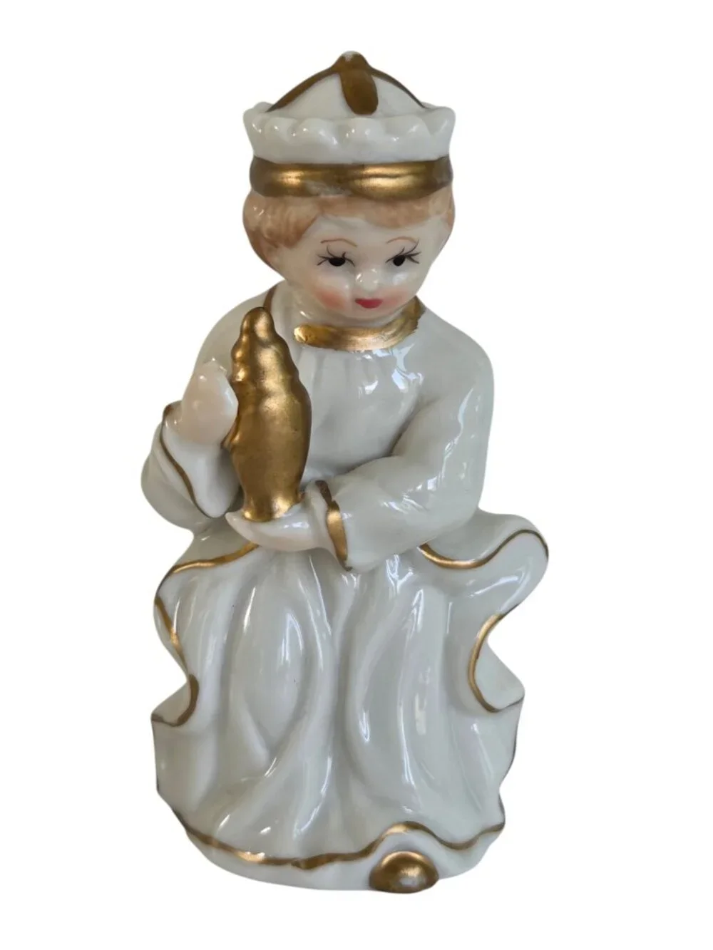 Vintage JAPAN Porcelain Nativity Set 9 pc Hand Painted White & Gold 1990's